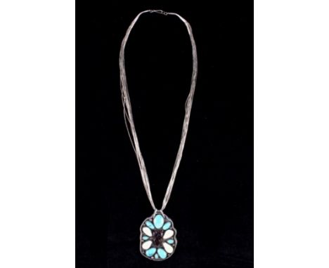 For your consideration is this Navajo Elk Ivory and Morenci turquoise necklace that is hallmarked with a bear picto mark and 