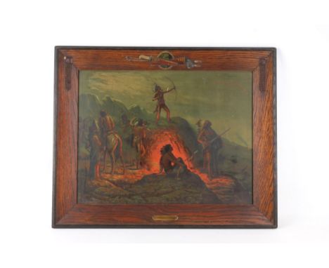 For your consideration is this polychrome- decorated oak framed Taber Prang chromolithograph print of "Burning Arrow" circa e