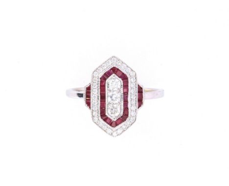 This is truly a fantastic and brilliant Diamond &amp; Ruby ring set in 14K white gold with a wonderful Art Deco style and pap