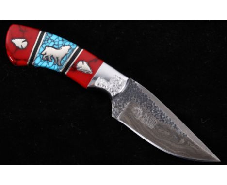 This is the newest offering from our partnership with David Yellowhorse, a Damascus knife set with turquoise, onyx, black mat