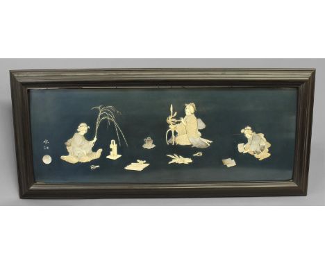 JAPANESE BLUE LACQUER PANEL Meiji, with three maidens at various activities in mother of pearl and ivory, two character inscr