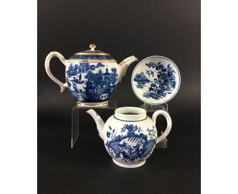 WORCESTER BLUE AND WHITE TEAPOT circa 1775-80, printed in the Mother and Child and Man Fishing pattern, hatched crescent mark