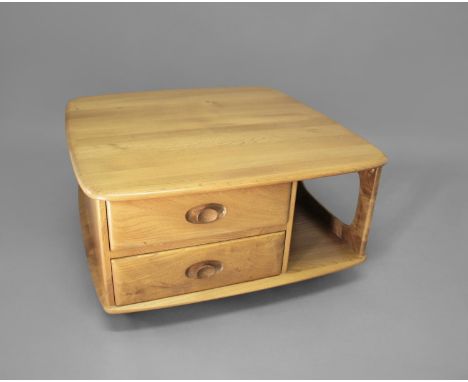 LARGE ERCOL COFFEE TABLE a large light elm coffee table with rounded square top, with 2 short drawers and an arrangement of o