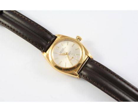 A GENTLEMAN'S 18CT GOLD BUBBLE BACK AUTOMATIC OYSTER WRISTWATCH BY ROLEX the signed circular dial with baton numerals and sub