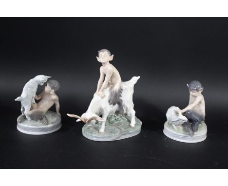 ROYAL COPENHAGEN including Model No 737 Faun riding Goat, 439 Faun with Rabbit, and 498 Faun with Kid. (3)