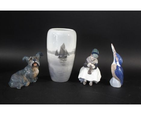 ROYAL COPENHAGEN including Model No 1314 Amager Girl Knitting, 2257 Kingfisher with Fish, a Royal Copenhagen vase, and a Dahl