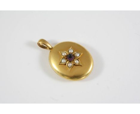 A VICTORIAN GOLD, AMETHYST AND PEARL SET LOCKET PENDANT of oval shape, set to the front with a flower motif of a cabochon ame