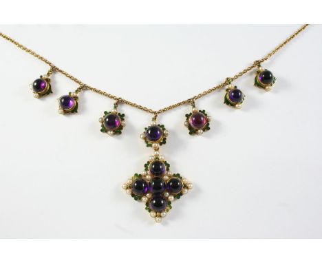 A GEORGIAN AMETHYST, ENAMEL AND PEARL NECKLACE the quatrafoil pendant is mounted with four circular foil backed amethysts in 