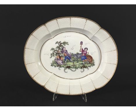 WORCESTER QUATRILOBE DISH circa 1765, painted in the manner of Duvivier or O'Neale with children, a boar and a deer inside a 