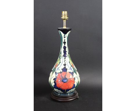 MODERN MOORCROFT LAMP - RED POPPY a modern lamp in the Red Poppy design, designed by Rachel Bishop. Mounted on a wooden stand