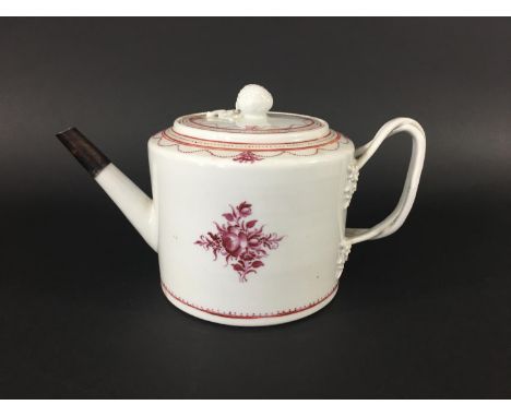 CHINESE EXPORT TEAPOT AND COVER Qianlong, of cylindrical form painted in puce with floral sprays to the shoulders, body and c