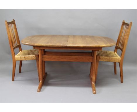 DANISH TEAK DINING TABLE &amp; CHAIRS a teak extending dining table with 2 additional leaves, the top supported on struts and