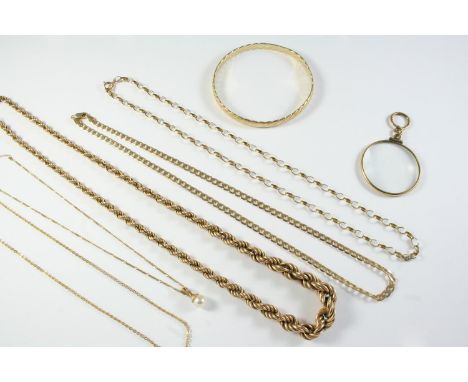 A 9CT GOLD ROPE LINK NECKLACE 53cm long, 14.7 grams, a 9ct gold bangle, 18.7 grams, a 9ct gold flat curb link necklace, 43.5c