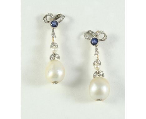 A PAIR OF NATURAL PEARL, SAPPHIRE AND DIAMOND DROP EARRINGS each earring set with a natural pearl drop suspended from a rose-