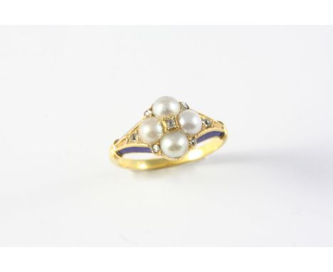 A VICTORIAN DIAMOND, PEARL AND ENAMEL CLUSTER RING the quatrefoil design is mounted with half pearls and rose-cut diamonds, w