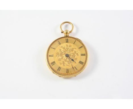 A SWISS 18CT GOLD OPEN FACED POCKET WATCH the gold foliate dial with black Roman numerals, the movement signed Stauffer, Gene