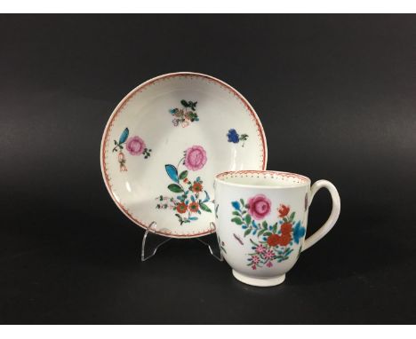 WORCESTER COFFEE CUP AND SAUCER circa 1765-70, with painted and enamelled floral sprays inside in iron red border, diameter 1