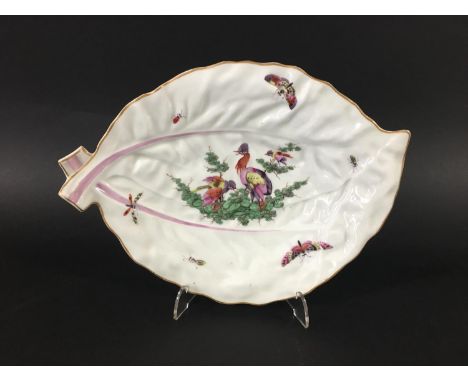 WORCESTER LETTUCE LEAF DISH circa 1760, painted with exotic birds and insects, 26cm