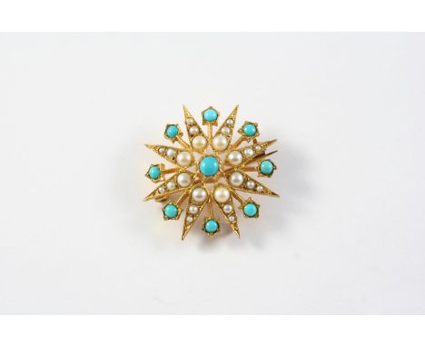 A TURQUOISE AND PEARL SET STAR BROOCH mounted with circular turquoise cabochons and graduated half pearls, in gold, 3.2cm dia