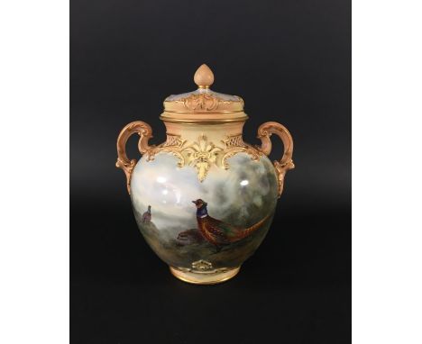 ROYAL WORCESTER POT POURRI VASE AND COVER dated code for 1903, shape 1515, signed Jas Stinton and painted with pheasants in a