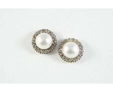 A PAIR OF MABE PEARL AND DIAMOND STUD EARRINGS each set with a mabe pearl within a surround of rose-cut diamonds in gold