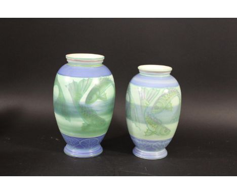 POOLE POTTERY VASES - SALLY TUFFIN 2 Poole Pottery Studio vases, with a Fish design to the centre and blue borders. Designed 