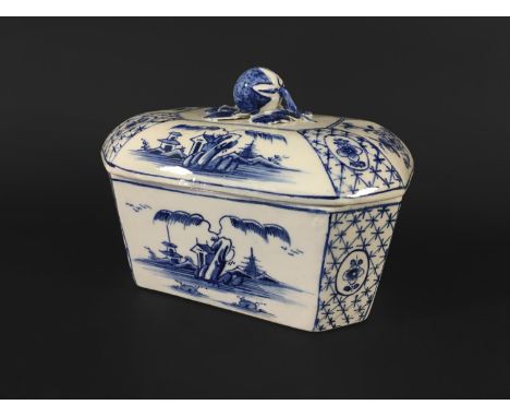 DERBY BUTTER BOX OR DISH AND COVER circa 1760, of canted rectangular form, blue painted with chinoiserie landscapes and trell