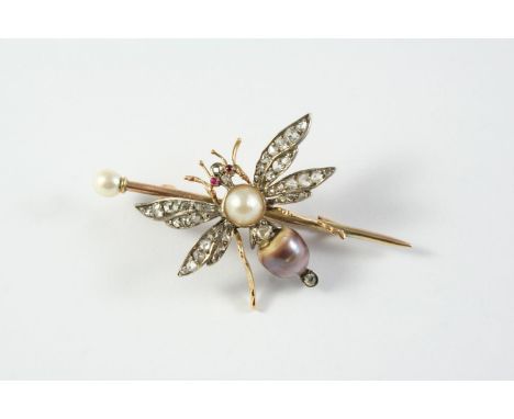 A DIAMOND AND PEARL SET INSECT BROOCH set with rose-cut diamonds and untested pearls, with ruby eyes, in gold, 5cm long