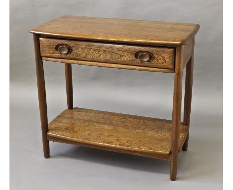 ERCOL SIDE TABLE a modern mid elm Ercol two tier side table, with a single drawer and shelf underneath. With an inspection la