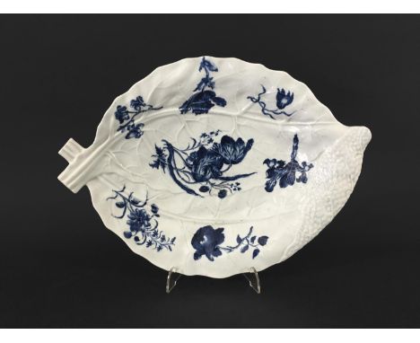 WORCESTER LETTUCE LEAF DISH circa 1765, blue painted in the Blown Tulip pattern on a moulded ground, blue decorators mark F, 