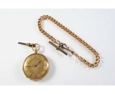 AN 18CT GOLD OPEN FACED POCKET WATCH the gold coloured dial with Roman numerals and foliate engraved decoration, with engrave