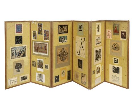 FOLDING SCREEN - BERNARD LEACH INTEREST a fascinating folding screen with 6 panels, with 37 various cards including drawings,