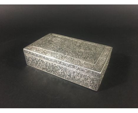 CHINESE EXPORT SILVER CIGARETTE OR JEWELLERY BOX with scrolling floral and bird decoration in relief, stamped to the base, wi