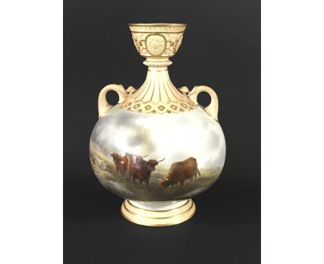 ROYAL WORCESTER VASE shape 1109, date code for 1907, by John Stinton, painted with highland cattle in a rocky and grassy land