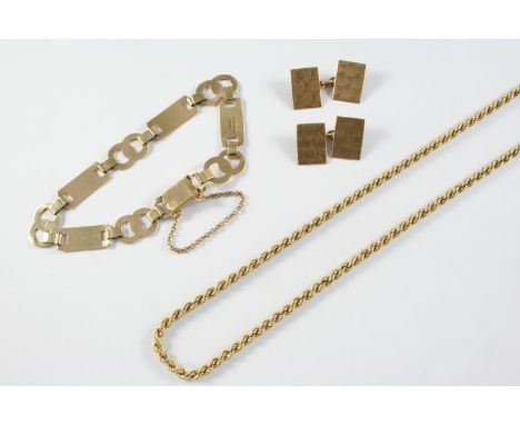 A 9CT GOLD FANCY LINK BRACELET 20cm long, 9.1 grams, a 9ct gold rope link necklace, 46cm long, 15.9 grams and a pair of 9ct g