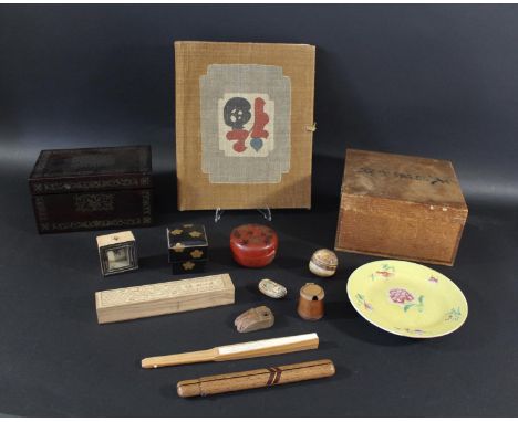 JAPANESE ITEMS - BERNARD LEACH INTEREST including a square wooden box with signature to the lid, 2 small lacquered boxes, a n