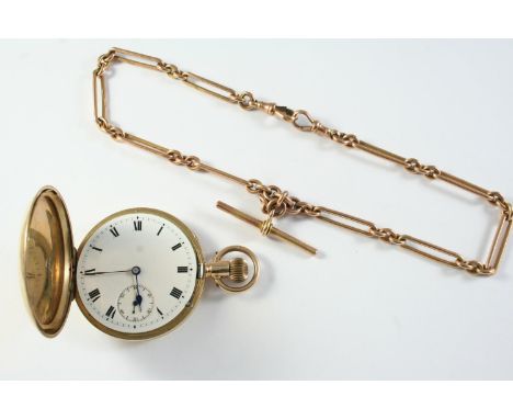 A 9CT GOLD FULL HUNTING CASED POCKET WATCH the white enamel dial with Roman numerals and subsidiary seconds dial, inscribed w