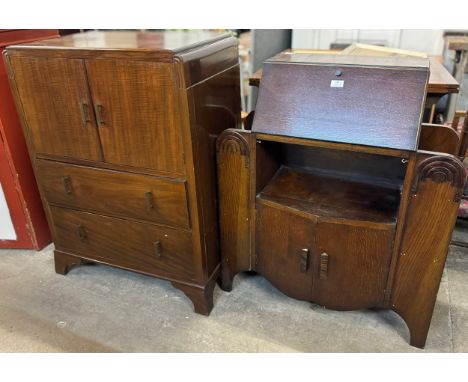 A small Art Deco oak side by side bureau bookcase and a tallboy 