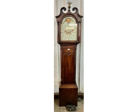 A George IV inlaid mahogany longcase clock, The painted moon phase rolling dial hand signed Hallam, Nottingham