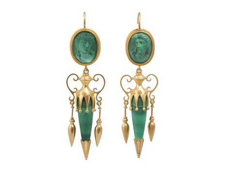 A PAIR OF 19TH CENTURY GOLD AND MALACHITE PENDENT EARRINGS, CIRCA 1860Of Etruscan revival design, each articulated earring fo