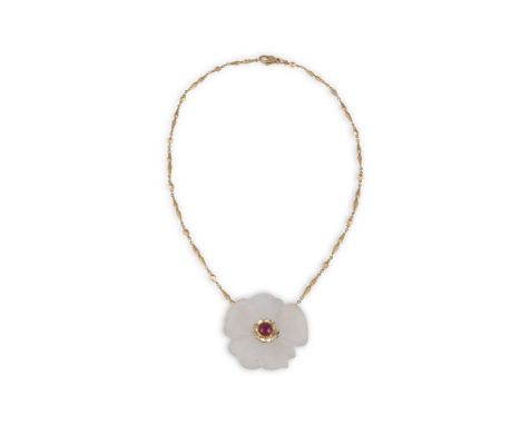 A ROCK CRYSTAL AND RUBY FLOWER PENDANT NECKLACEThe carved rock crystal petals, centrally-set with a ruby cabochon, within a g
