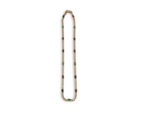 A RUBY, EMERALD AND SAPPHIRE FANCY-LINK NECKLACEThe articulated flat curb-link necklace collet-set with oval emerald, sapphir