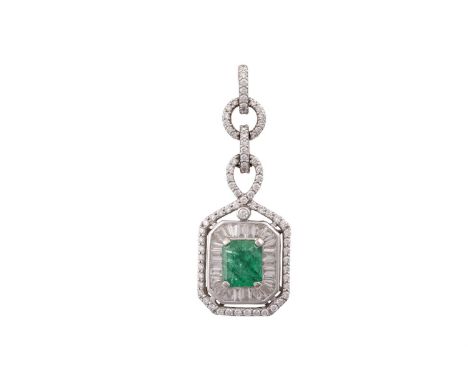 AN EMERALD AND DIAMOND PENDANTThe cut-cornered rectangular step-cut emerald within a tapered baguette and baguette-cut diamon