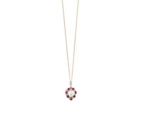 A VICTORIAN NATURAL PEARL, RUBY AND DIAMOND PENDANT NECKLACEThe heart-shaped panel, centrally-set with a natural pearl, withi
