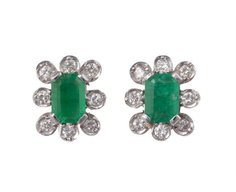 A PAIR OF EMERALD AND DIAMOND EARRINGSEach composed of a step-cut emerald to a brilliant-cut diamond surround, diamonds appro