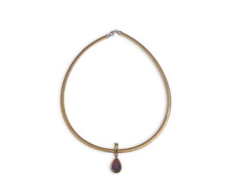 AN OPAL AND DIAMOND PENDANT NECKLACEComposed of a pear-shaped opal within collet setting to a round brilliant-cut diamond sur