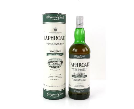 One bottle of Laphroaig Single Islay Malt Scotch Whiskey, aged 10 years, 1 litre, in presentation canister       