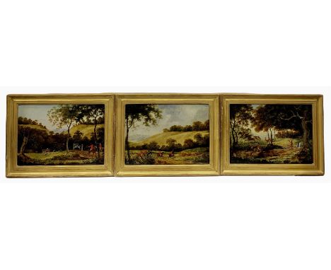 English School (19th/20th century): Hunting Series, set three oils on metal unsigned 27cm x 38cm (3)