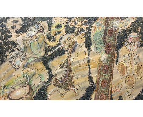 James Lovett (Continental 20th century): 'Musicians - Istanbul', ink and oil on paper unsigned, labelled verso together with 