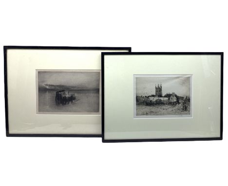 Sir Frank Short (British 1857-1945): 'Strolling Players - Lydd' and 'Timber Raft on the Rhine', etching and mezzotint, respec